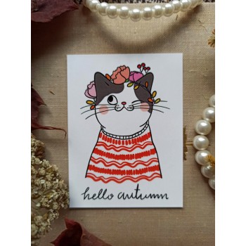 Мини-открытка "hello autumn. Котик"