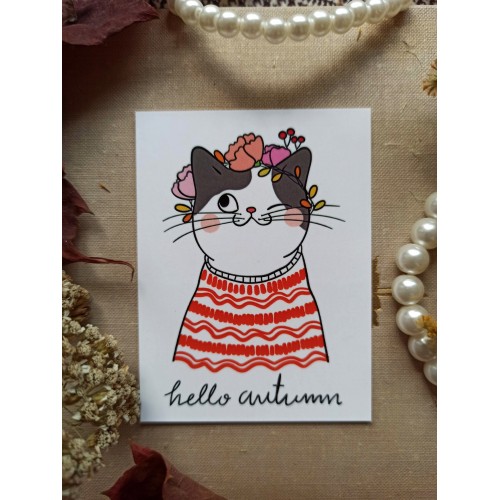 Мини-открытка "hello autumn. Котик"