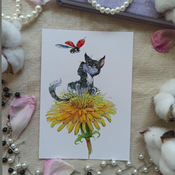 Открытка "Котенок в цветке.Желтый одуванчик" 